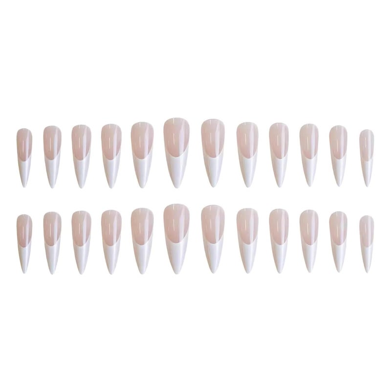 SINHOT French Tip Press on Nails Long Stiletto Fake Nails Pearly White Acrylic Nails Glossy Glue on Nail Almond Artificial Nail Stick on False Nail with Design 24 pcs - Image 3
